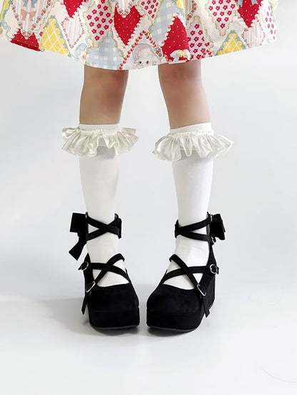 PU - Round Design Black Sweet Bow Wedge Crisscross Platforms Toe Accent