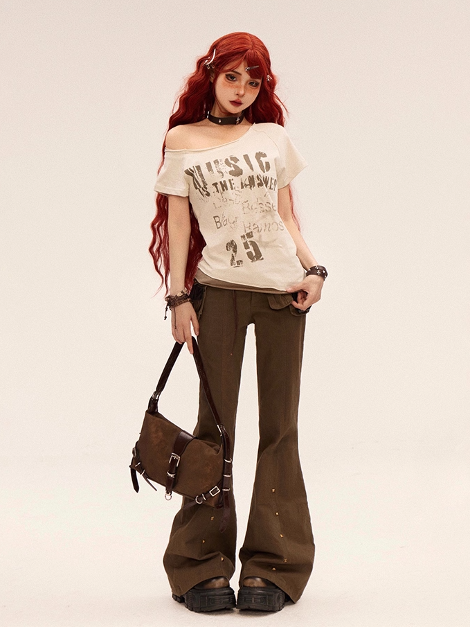 with Waist Studded Cuffs Flared Pants Buckle Belt Brown Low