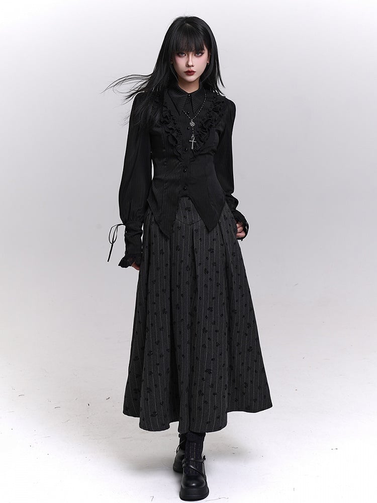 Gothic Dark Gray Striped High Waist Skirt with Lace-Up Back