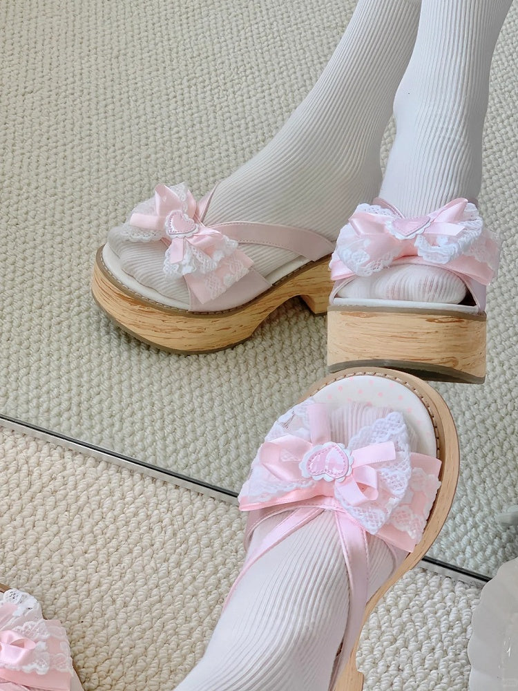 Slippers Pink Lolita Wa Heart with Applique