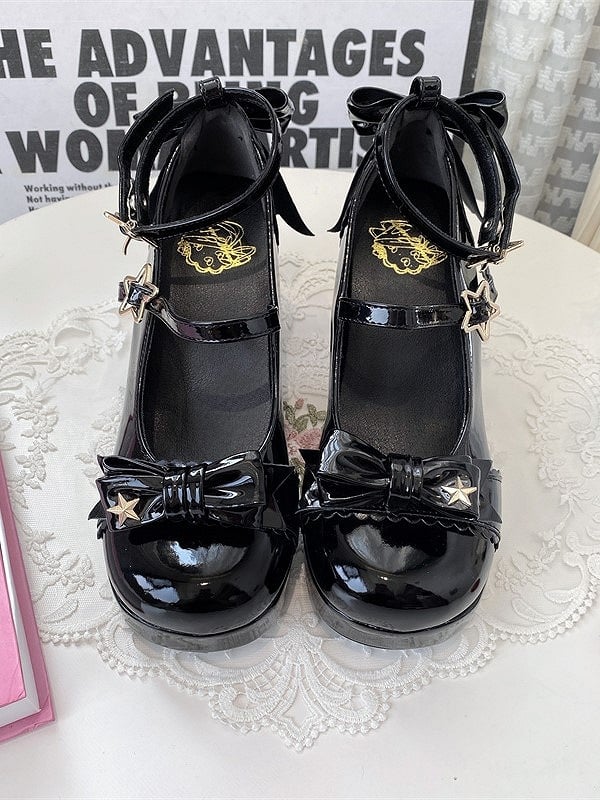 Bow Elegant 8cm Mary Decor Star High-heel Janes Lolita Snap with Black