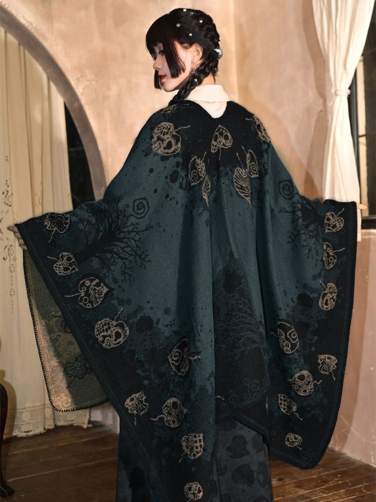 with Goth Design Open Leaf Green - Dark Cheongsam Style Print Placket Shawl