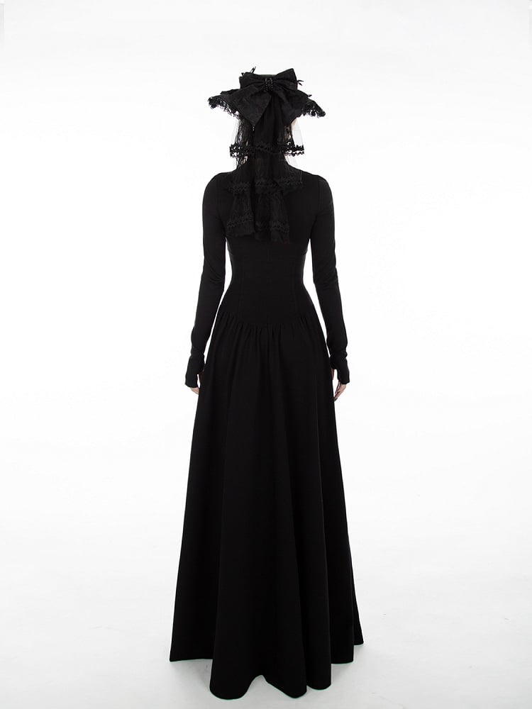 Schwarzes A-Linien-Kleid mit hohem Kragen und gotischen Daumenlochmanschetten