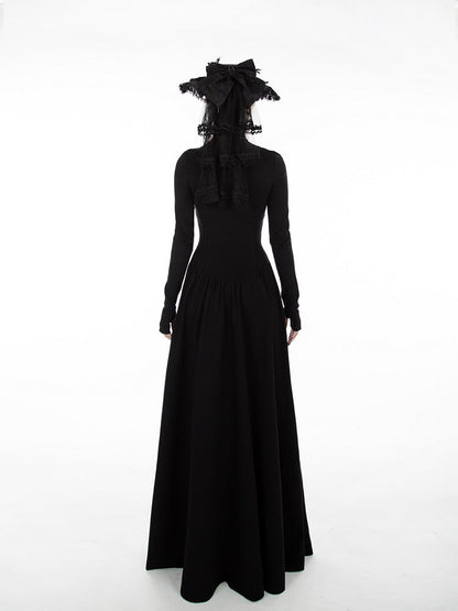 Black A-Line High-Neck Dress with Gothic Thumbhole Cuffs