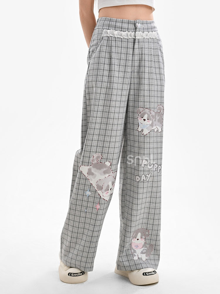 Normale/kurze Spitze, grau kariert, Welpen-Print, Herz-Knopf-Version, weites Bein, Hosenbesatz