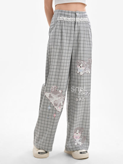 Normale/kurze Spitze, grau kariert, Welpen-Print, Herz-Knopf-Version, weites Bein, Hosenbesatz