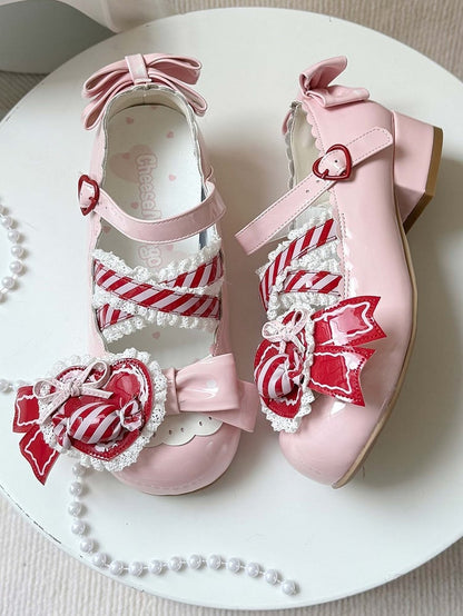Janes Mary - and Heart Crisscross Clip Straps Shoe Red Deep Candy Ruffled Lace Pink Design Sweet Round-Toe with Details Bow