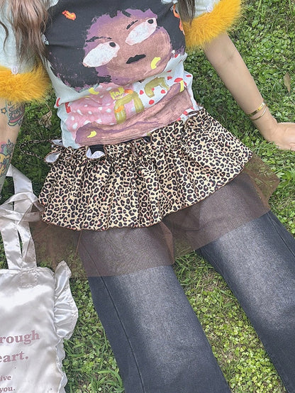 Y2K Accessoire Leopard Glamouröses Braun/Grau Muster Hosenbesatz Spitze