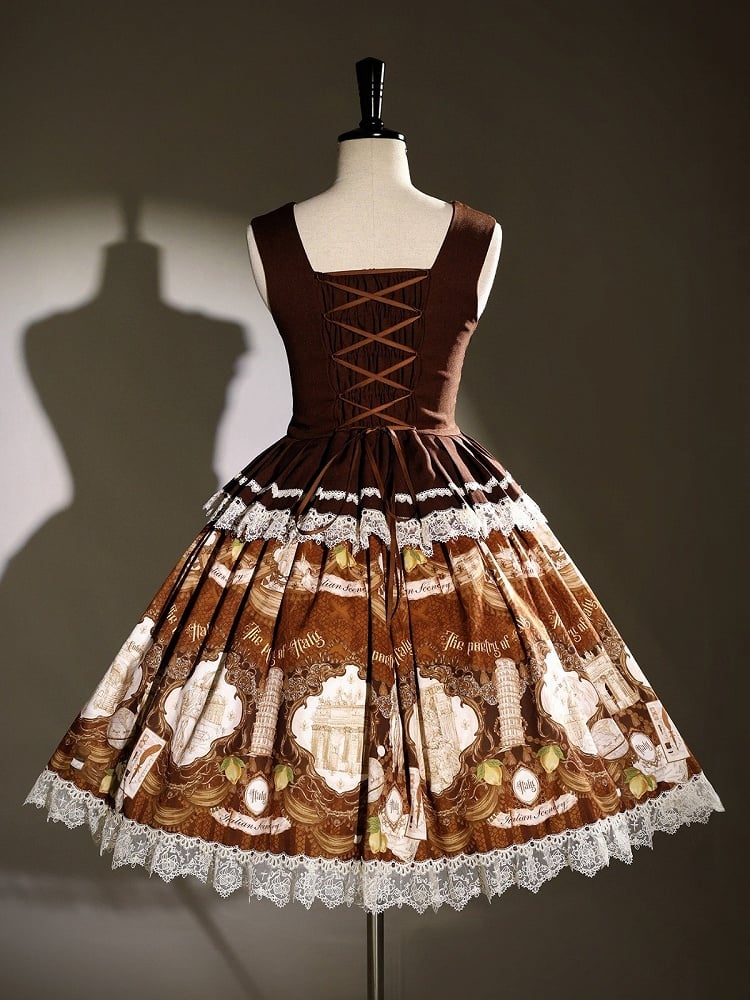 Brown Vintage British-Style Lolita JSK Dress with Metal Buttons & Lace - Alice Girl