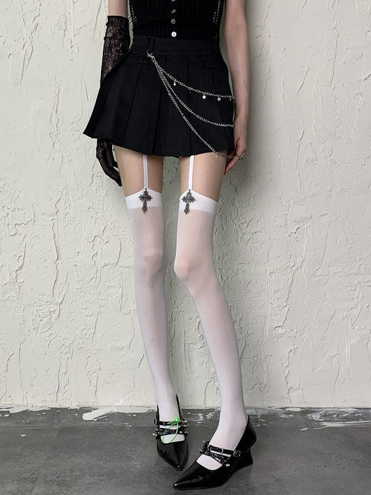 with White/Black Charms Suspender Cross Tights Y2K