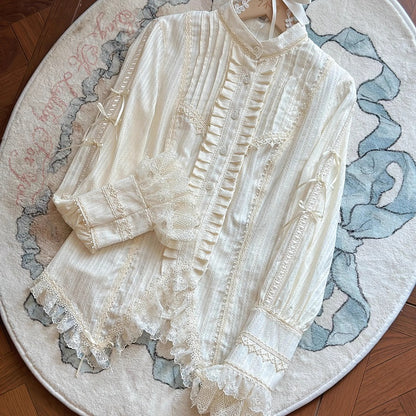 Sleeevs with Pleating Stand and Collar Lace Trim Blouse Beige Details Long