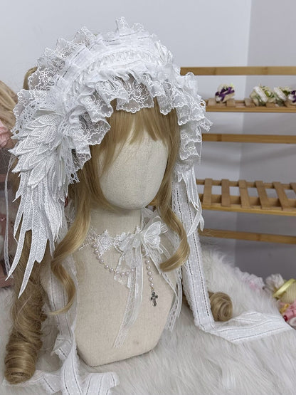 Wings Lace Angle Black/White Gorgeous Ruffled Hairband Bow