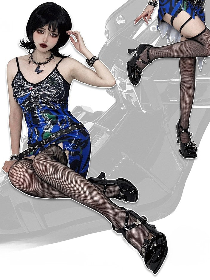 PU Punk Crisscross Details Janes Schwarze High-Heel-Riemen mit Nieten, quadratische Zehenpartie mit Mary -