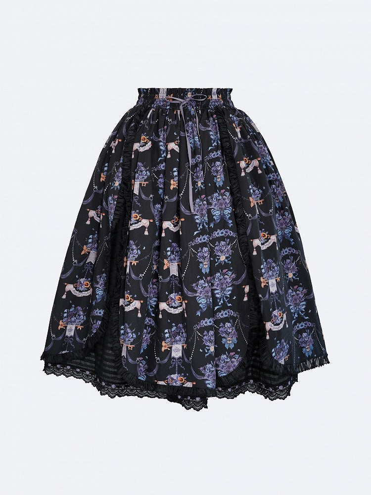 Black Purple Pansy Print Elegant Lolita Skirt