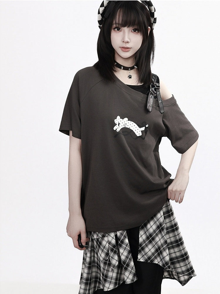 Gray Asymmetrical T-Shirt with Leopard Print and Buckle Strap - PINK SAVIOR