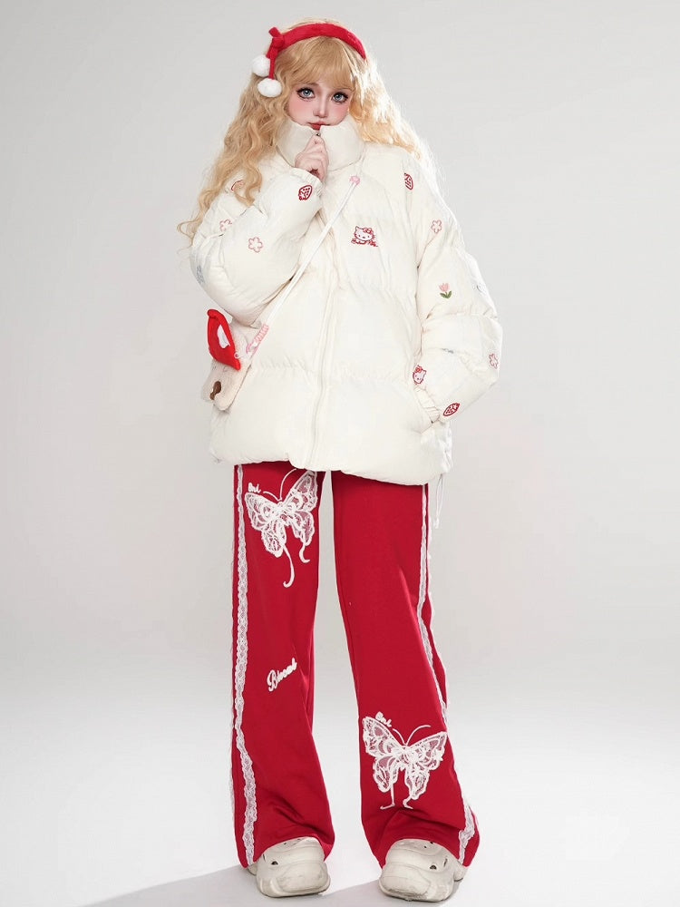 Schwarz/Rote Spitze Schmetterlinge Gerade Bein Schnitt Hose Spitze Trim