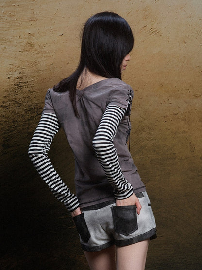 Punk Two-Piece Short Striped Sleeves Gray Khaki Faux with Lace-Up Top Motif Cross Long