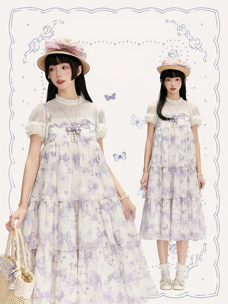 パープルのハイウエストリボンティアードスカートのサマーロリータドレス