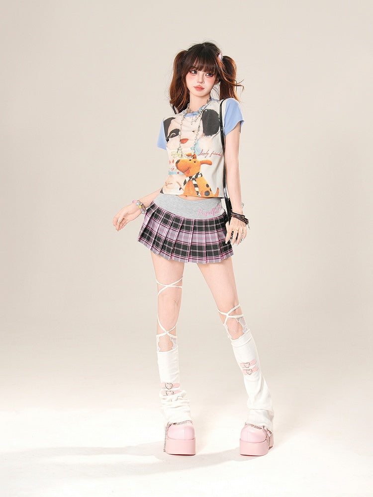 愛らしいカラーブロックデザインの子犬プリントのブルー/ピンクのTシャツ