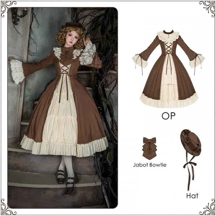 Elegant Long Bell Sleeves and Beige Hat + Autumn OP Version Lolita Brown Bowtie