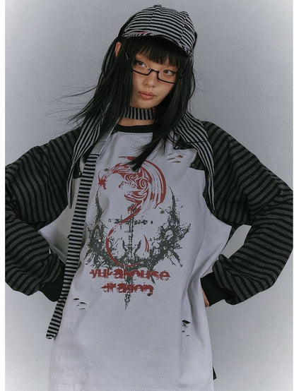 and Colorblock Long Sleeves Striped with Black and Gray Top Punk Print Design