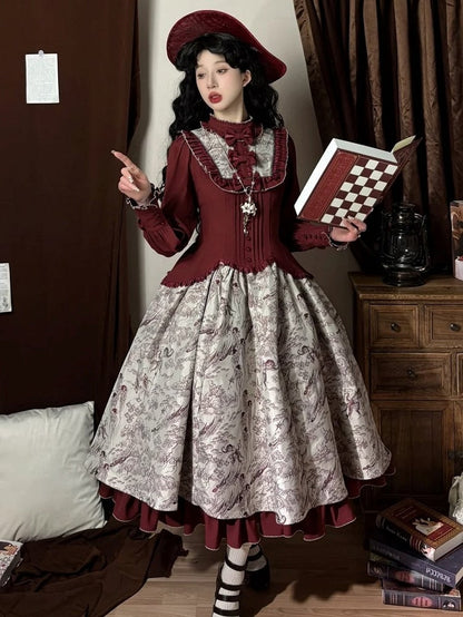 Animals Long-Sleeve Elegant White Print Lolita Forest Piece One Red