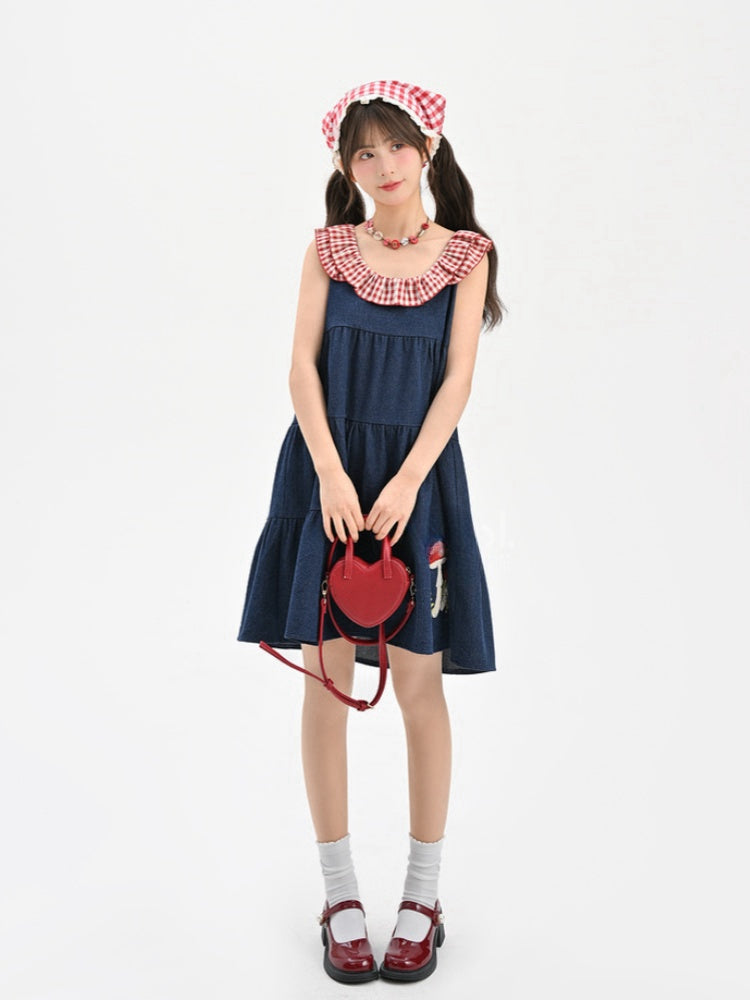 Bunny and Mushroom Embroidery Red Navy Blue Sleeveless Dress Neckline Plaid