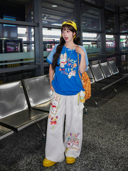 ウエストワイドレッグジーンズ カートゥーンバニープリント ホワイト ローカット