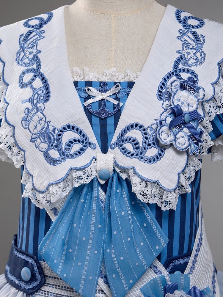 Striped Low Waist Sailor Dress with Blue Embroidery - Twin Bear Original Design