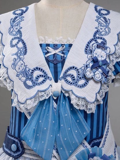 Striped Low Waist Sailor Dress with Blue Embroidery - Twin Bear Original Design