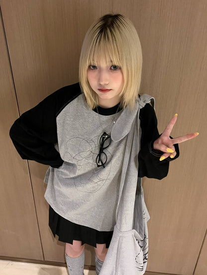 Gray Sleeve Black Neck Unisex Apple Print Long Daily Top Kawaii Round with