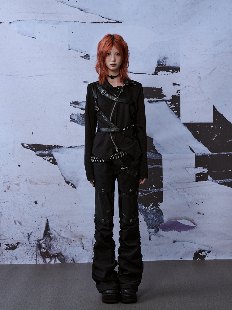 Patches  Belts Black Punk Denim Jeans With Studded PU Knee