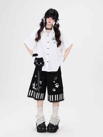 White Casual Kawaii Short Sleeve Shirt with Kitten Print - CRAZY GIRL
