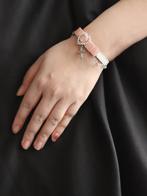 Charm Leather Kei Cross Bracelet 2 with Jirai Options Heart Rhinestone Color