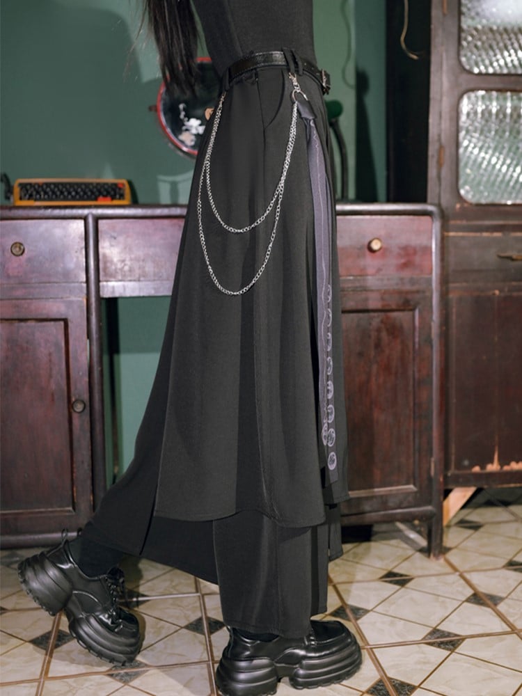 Regular/Thin with Hem Details Bird Ribbon Metal Pants Print Cheongsam Black Asymmetrical Wide-Leg Chain