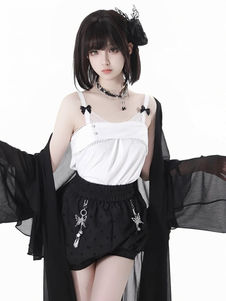 Polka-Dot Bubble Shorts with Butterfly Charms Black Cheongsam Style