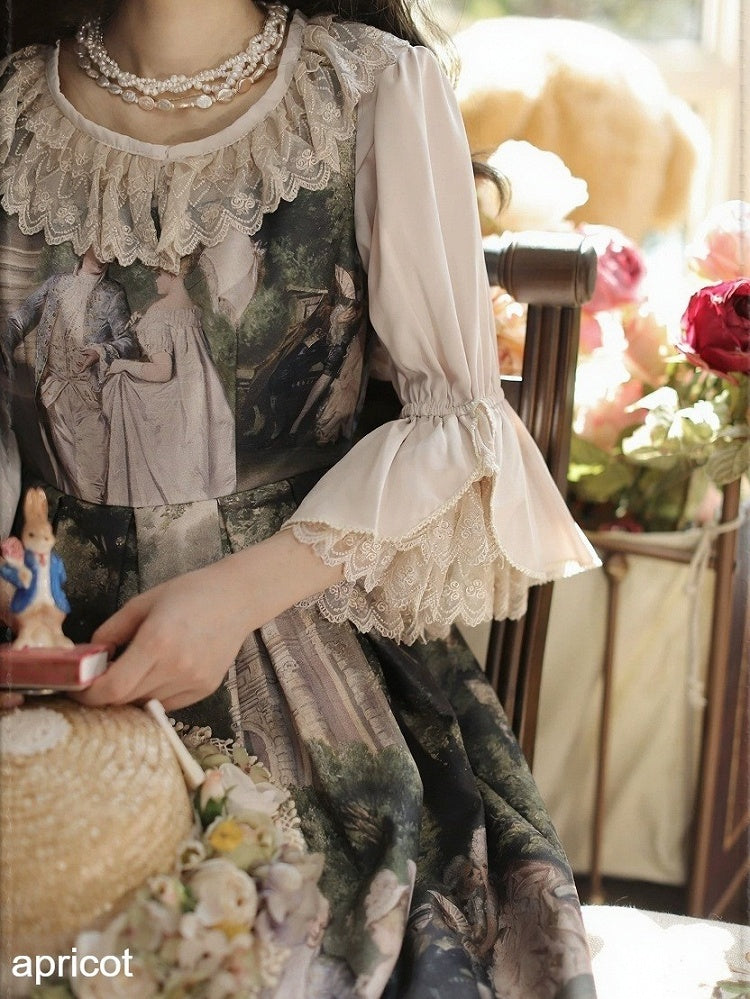 Round Collar Trumpet Sleeve Blouse with Lace - Tiny Garden