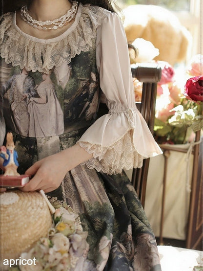 Round Collar Trumpet Sleeve Blouse with Lace - Tiny Garden