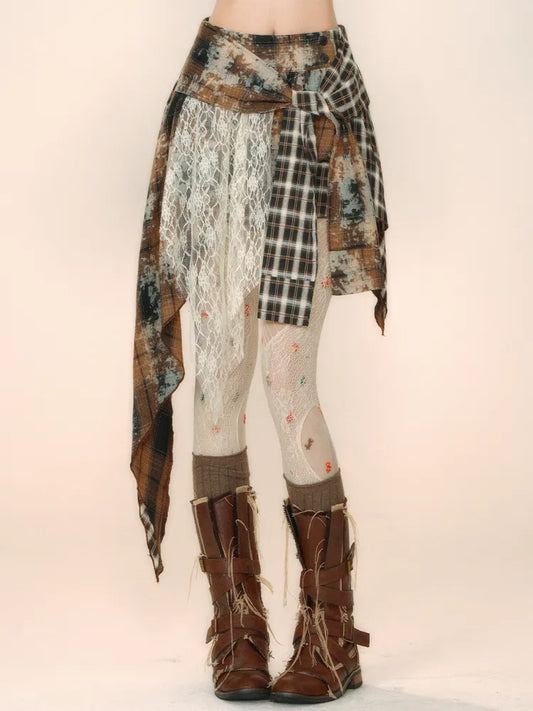 Belt Fabric Plaid Asymmetrical Skirt with and Coffee Lace Self-tie