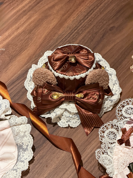 Ears Bowknots Lolita Mini Lace-Trimmed Bear with Brown Hat White