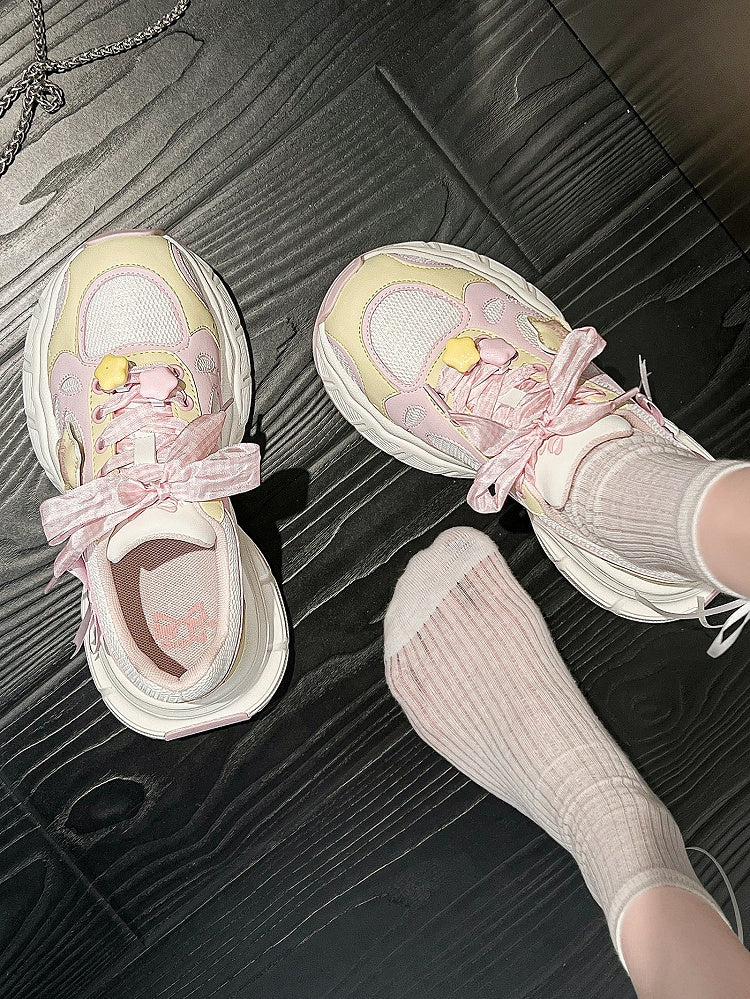 in Platform Pink Lolita Design Bow Plaid Lace-up Star Sweet Details Sneakers Yellow And