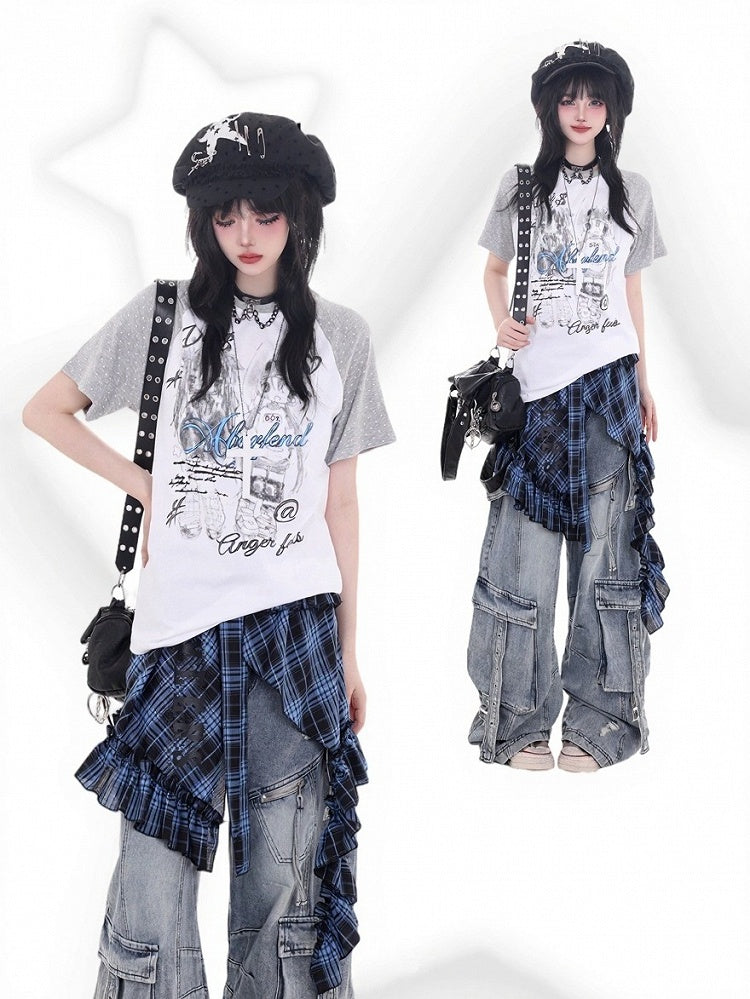 Otaku Kawaii Gray & White Polka Dot Short Sleeve T-shirt with Anime Girl Print - KNOW8 Online Shop