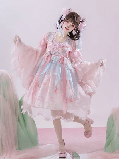 Lolita Overlay Floral Trim Edge Han with Scalloped Dress Golden JSK Blue Embroidery and Print Pink Fish