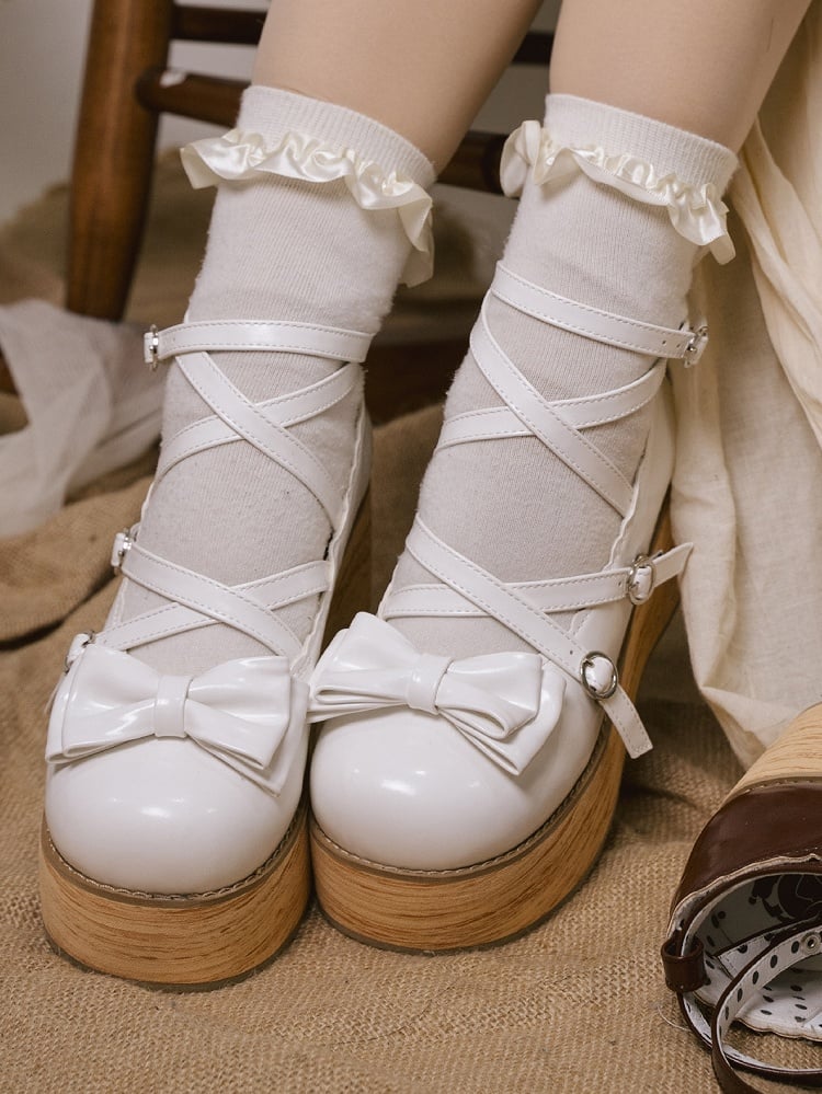 Accents Round Heels Bow Version Middle Sweet Buckle Platforms Straps White - Toe