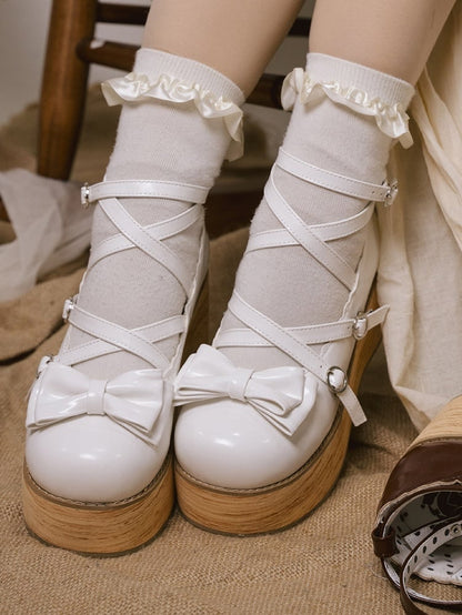 Accents Round Heels Bow Version Middle Sweet Buckle Platforms Straps White - Toe
