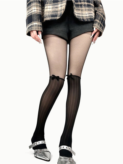 Tights Black/Beige Decorated Bowknot Striped