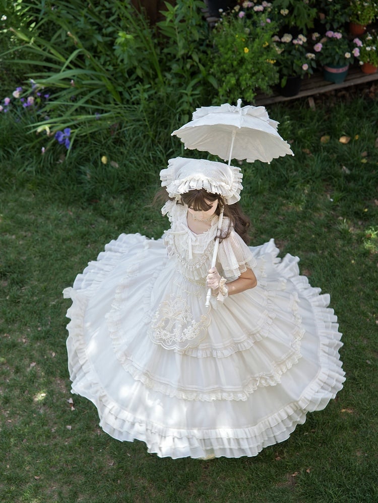 Beige Dots Tulle Flutter Sleeve Lolita Dress - Green Castle