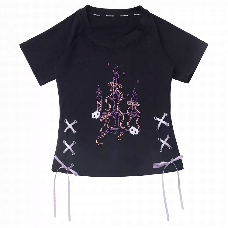 T-Shirt Schwarz Rundhals Schnürung Taille Grafik