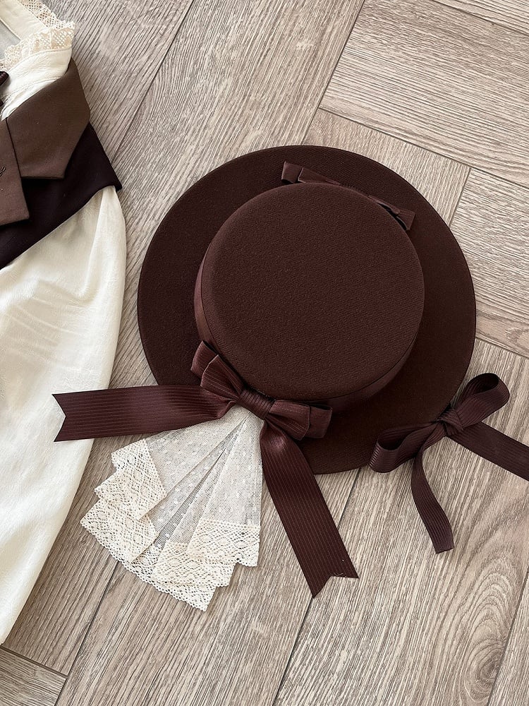 Brown Elegant Lolita Flat Hat Bow Accents - Dream Whale