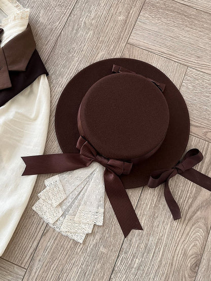 Brown Elegant Lolita Flat Hat Bow Accents - Dream Whale